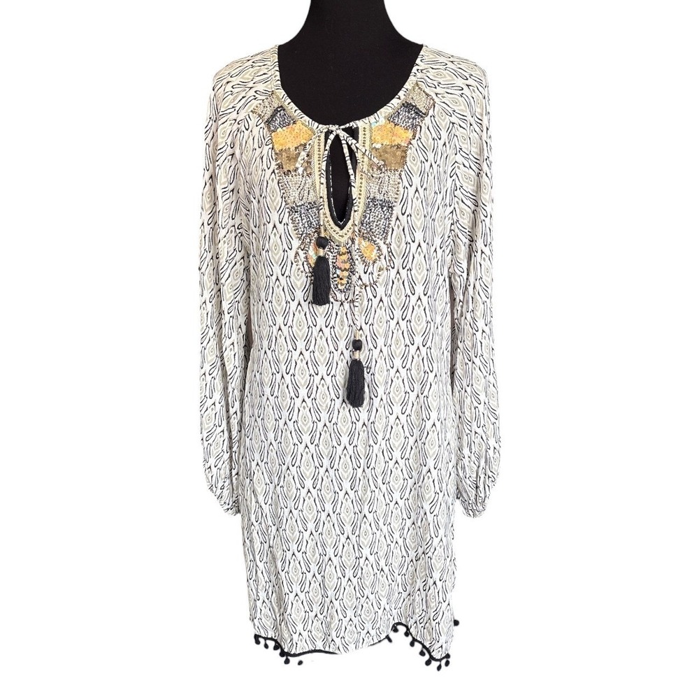 Skemo Beaded Kaftan Tunic Dress, Swim Cover Up, Medium, Bohemian Resortwear